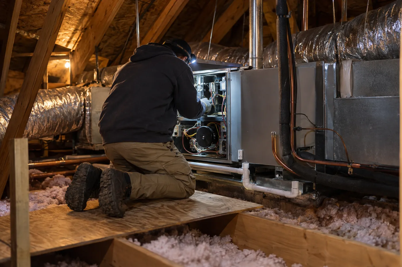 An HVAC technician working on an air handler in an attic