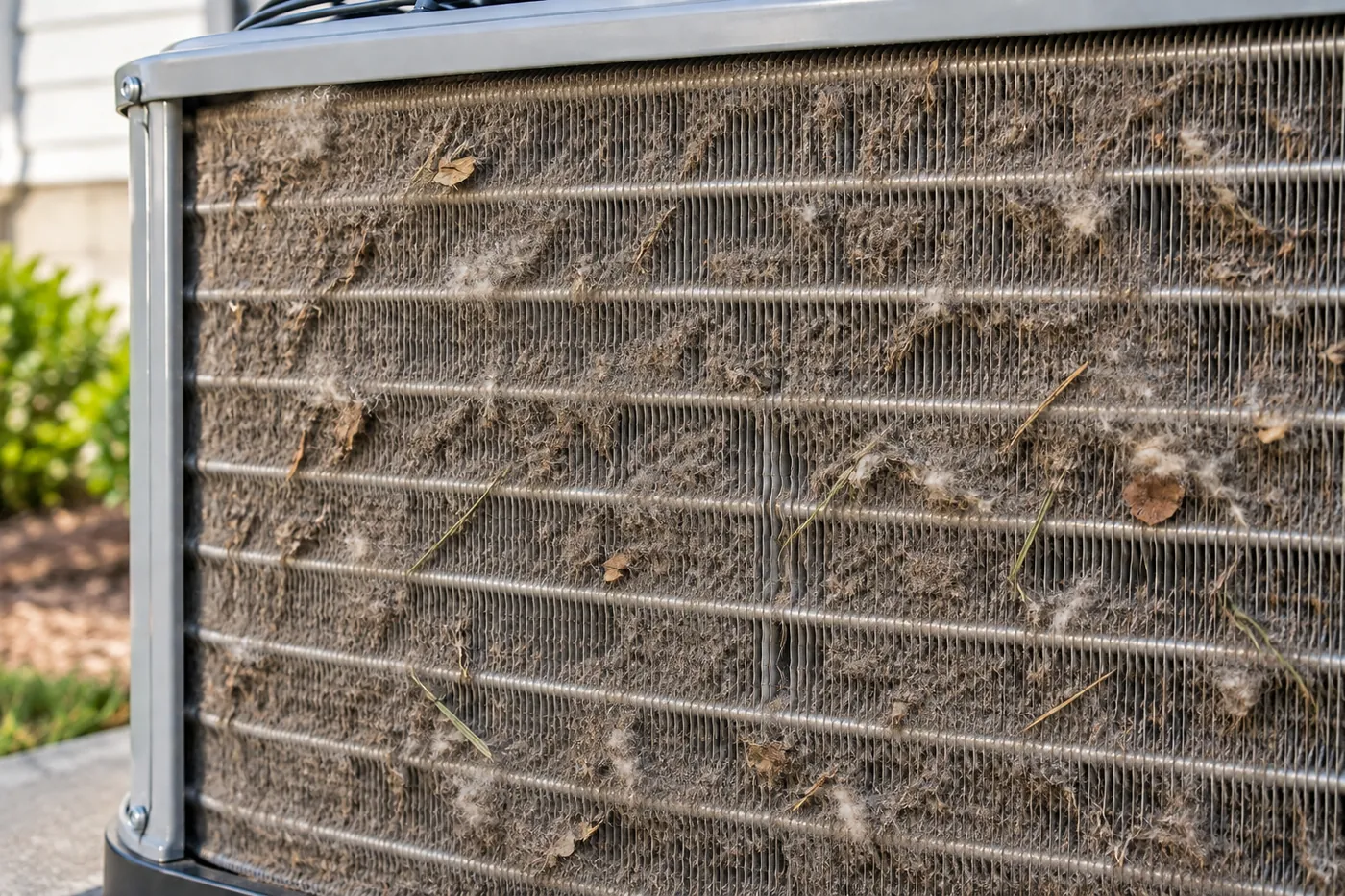 Before: an outdoor condenser coil, clogged vs. cleaned