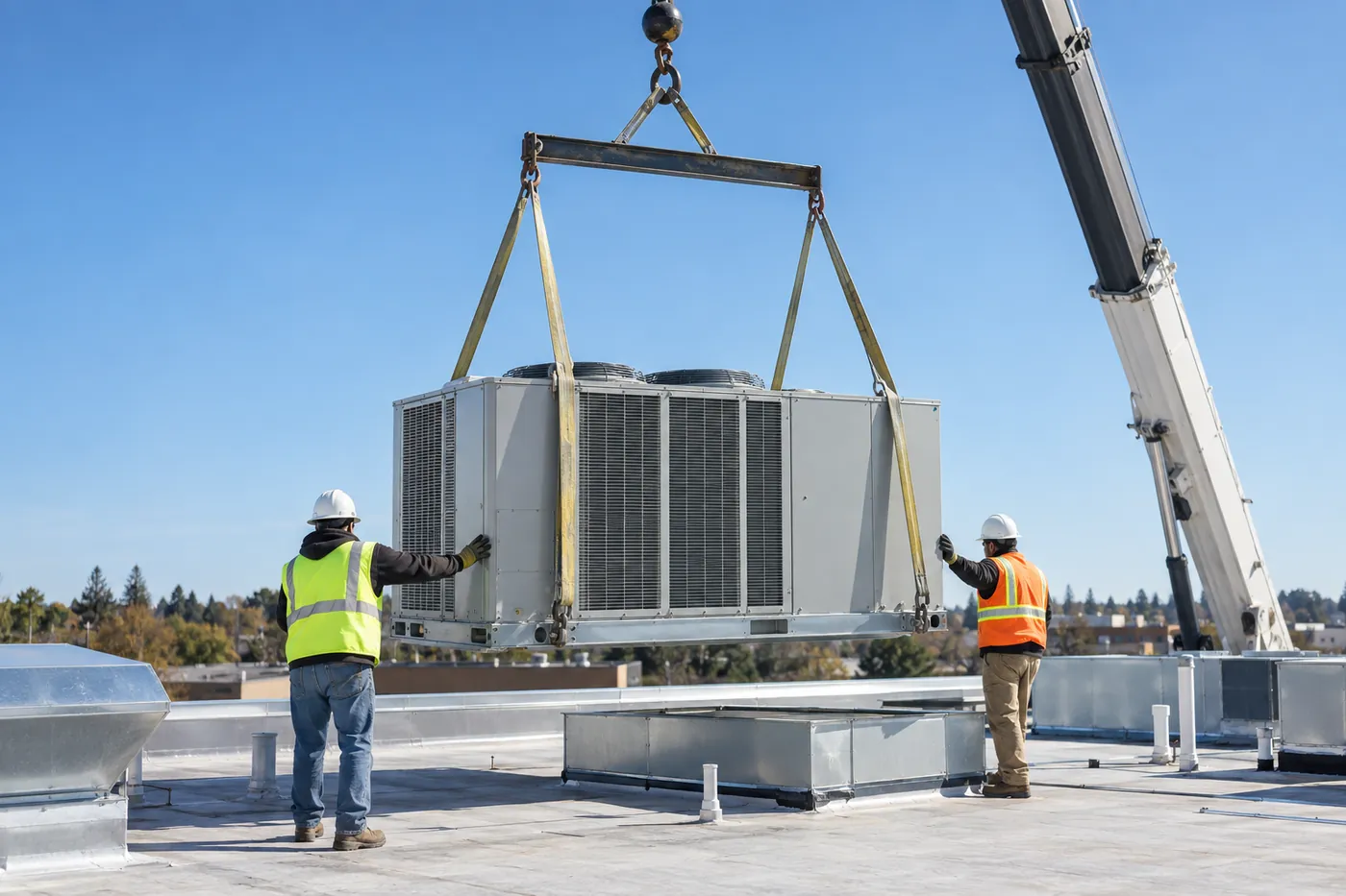A crane lowering a new rooftop HVAC unit onto a commercial roof