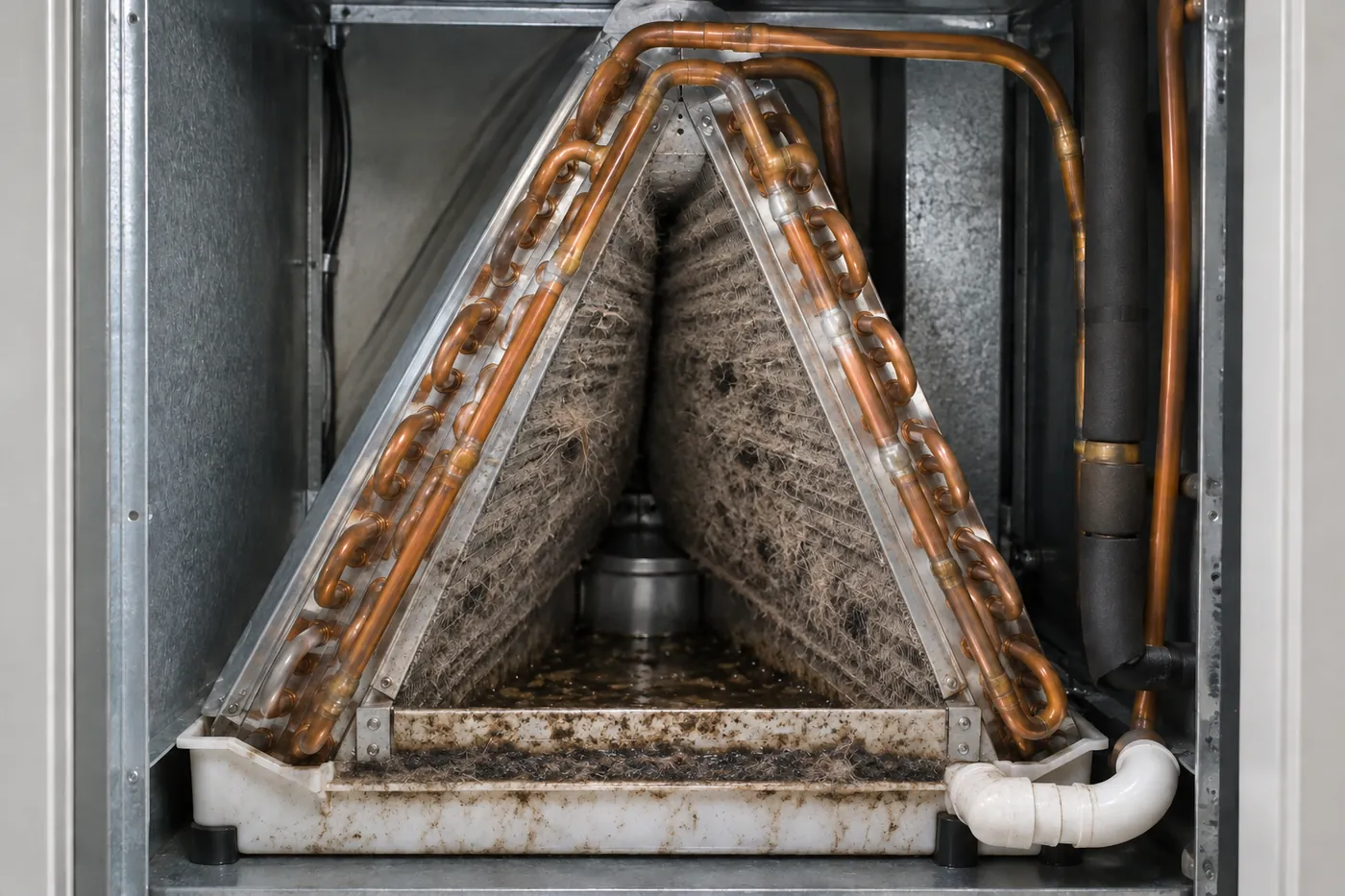 Before: an indoor evaporator coil, dirty vs. cleaned