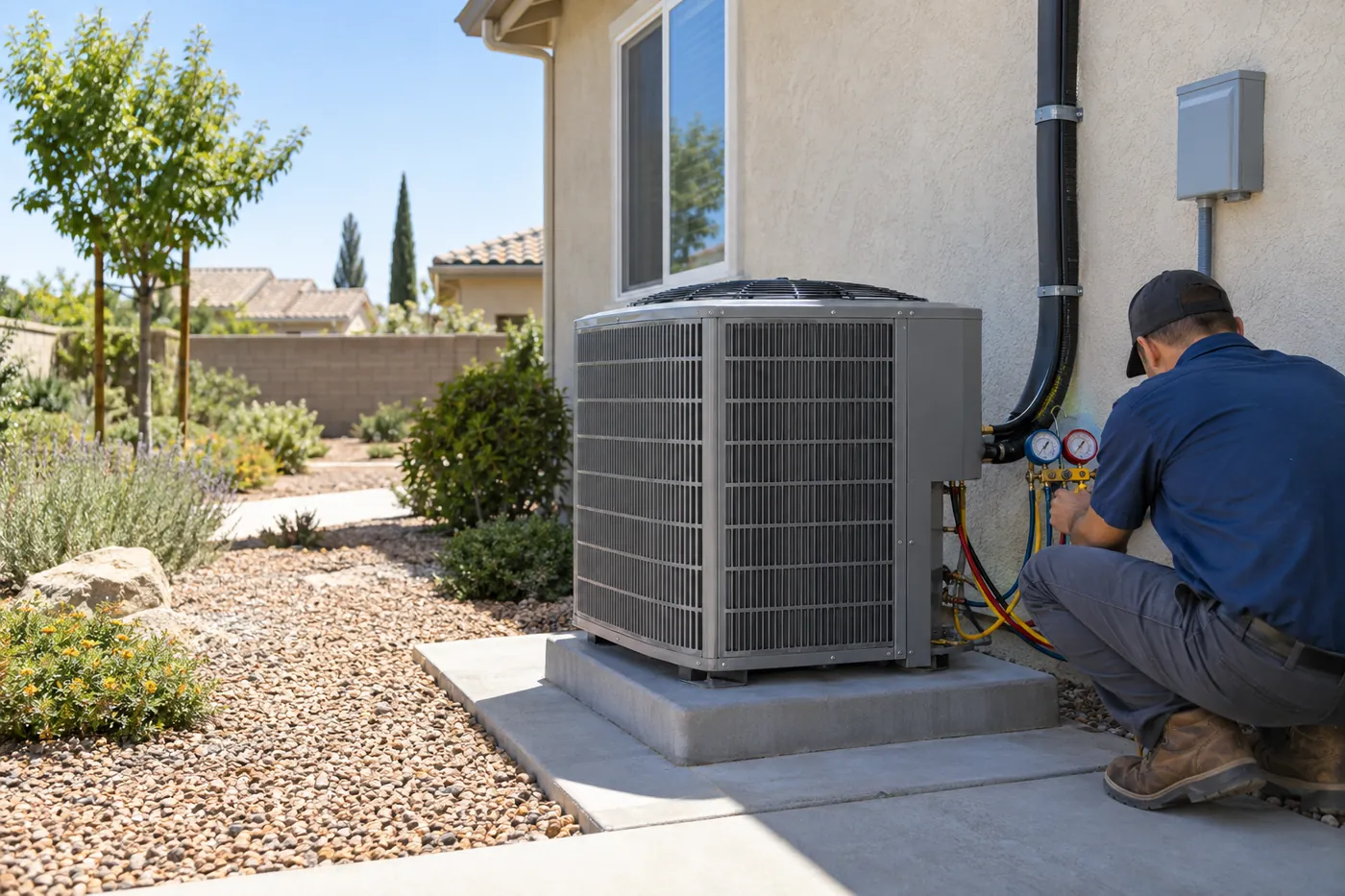 A newly installed central AC condenser on a concrete pad beside a stucco home