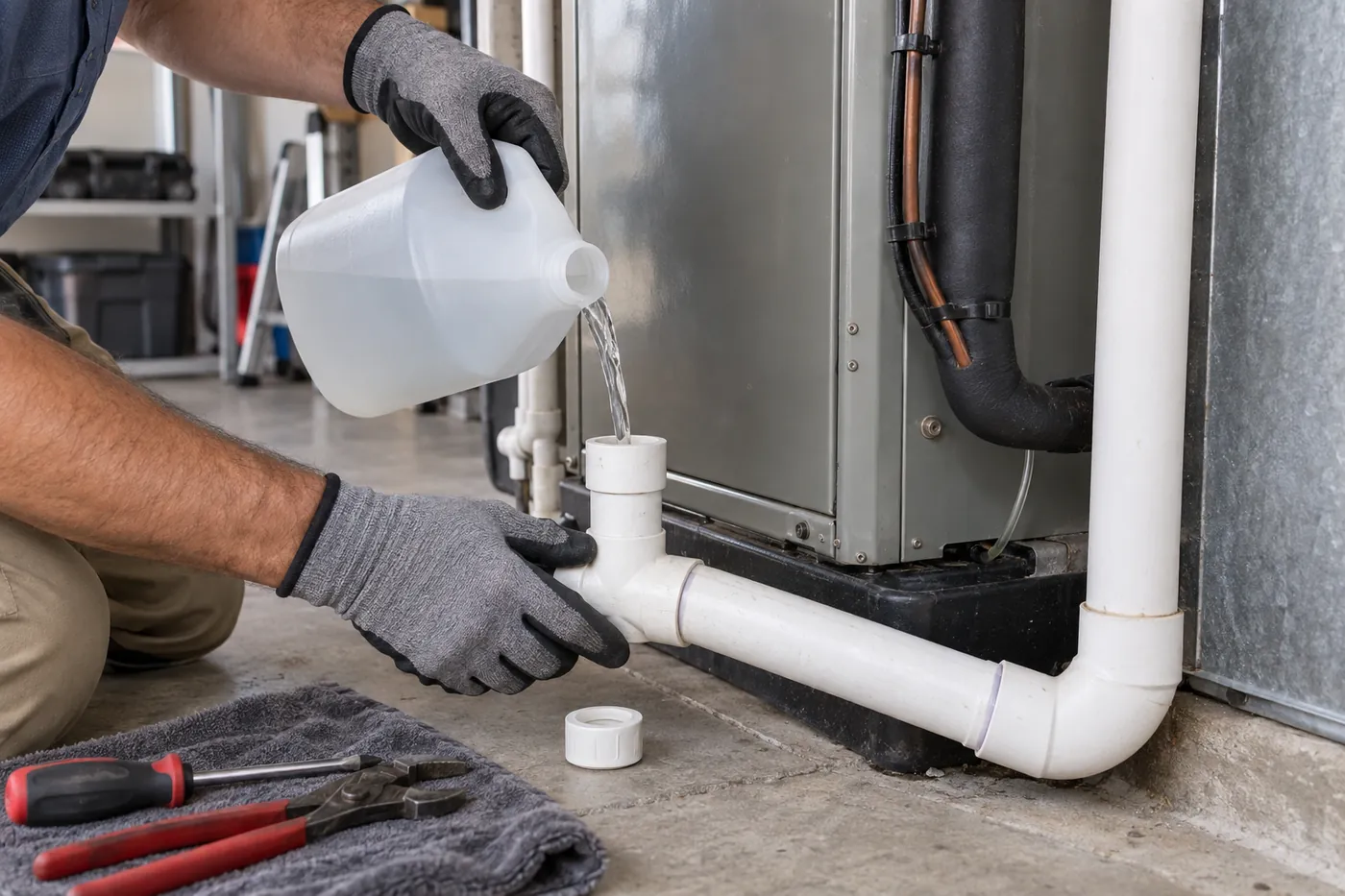 A technician flushing an AC condensate drain line