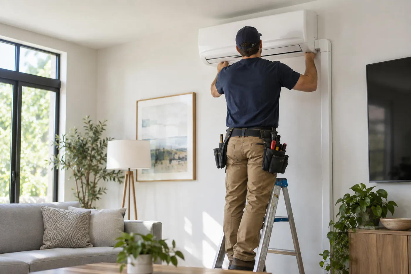 A technician finishing the install of a ductless mini-split indoor unit