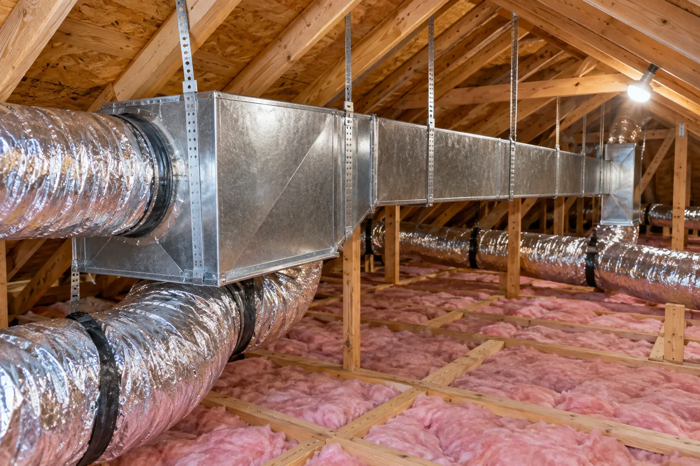 Newly installed insulated ductwork in a residential attic