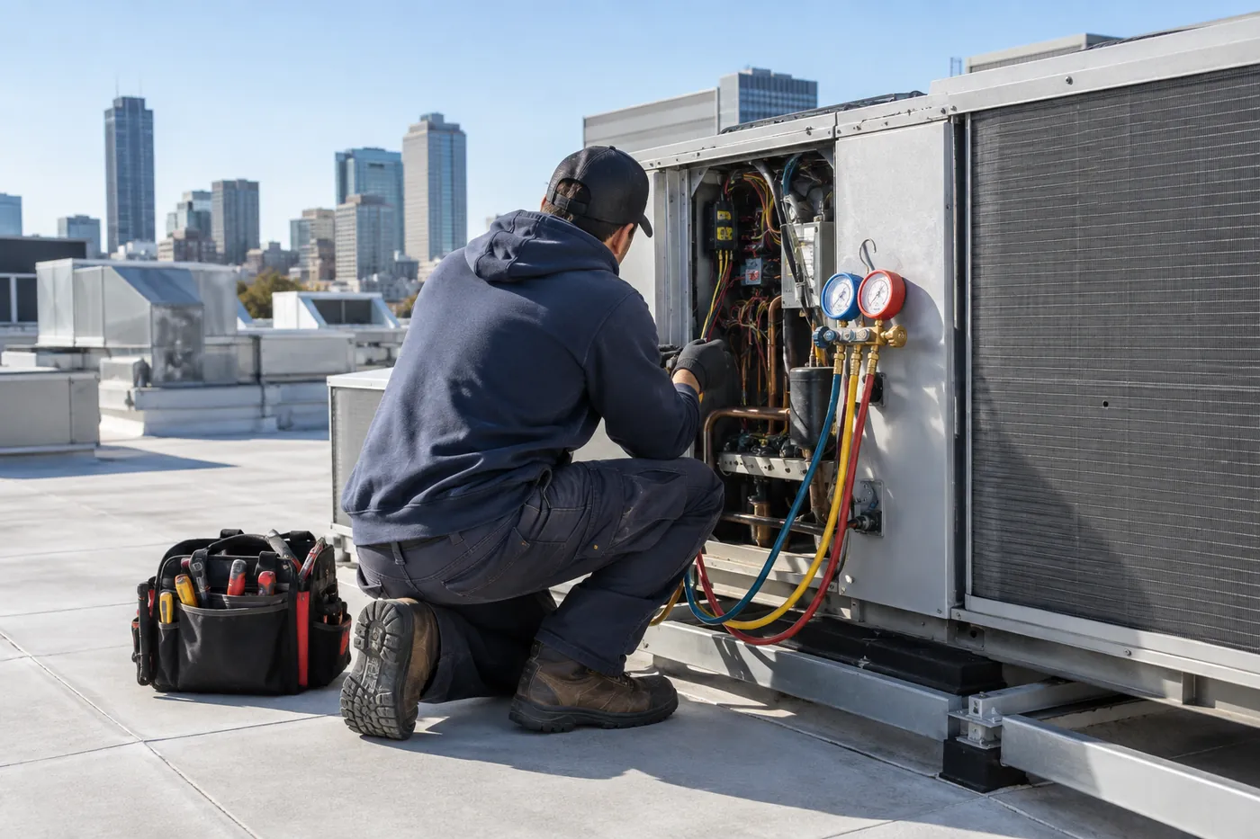An HVAC technician servicing a commercial rooftop air conditioning unit