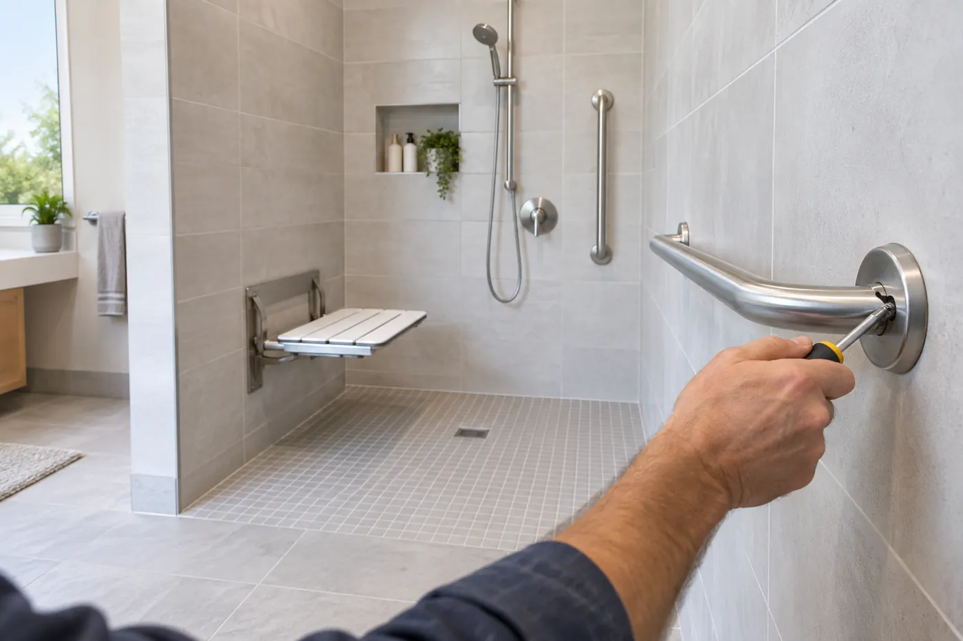 Installing a grab bar in a curbless walk-in shower