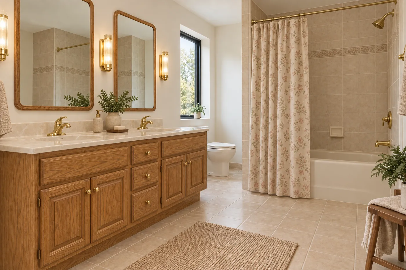 Before: a dated bathroom vs. the remodeled bathroom