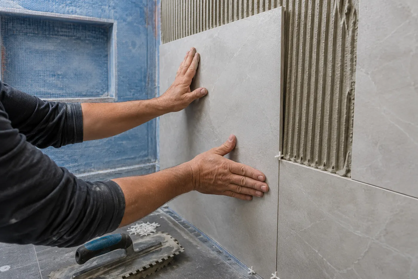 Setting large porcelain tile on a walk-in shower wall