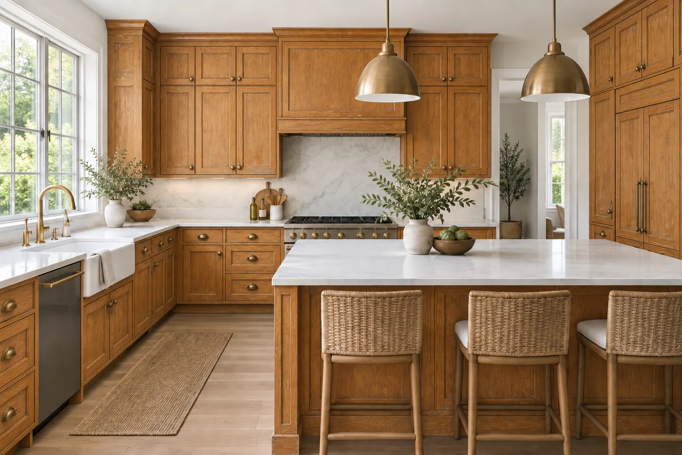 Before: dated cabinets vs. freshly painted cabinets
