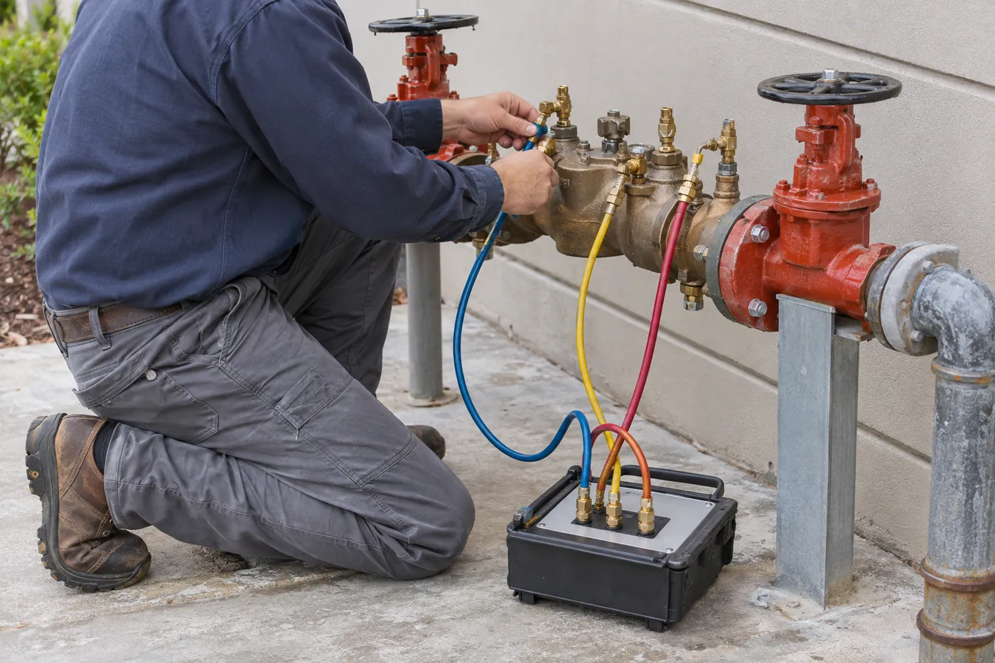 A plumber testing a commercial backflow preventer