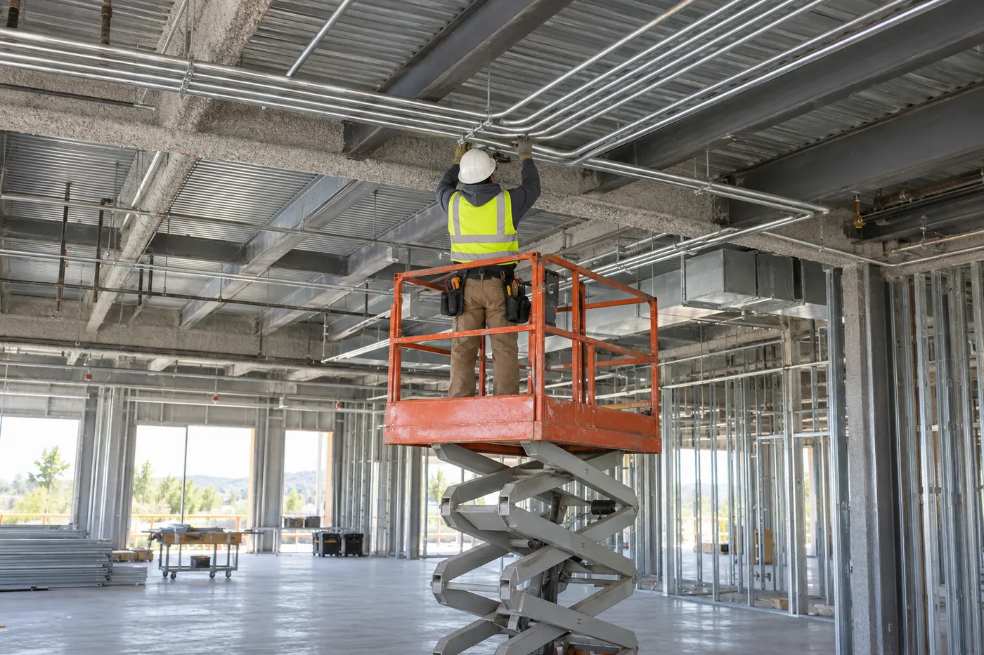 An electrician running EMT conduit in a commercial space