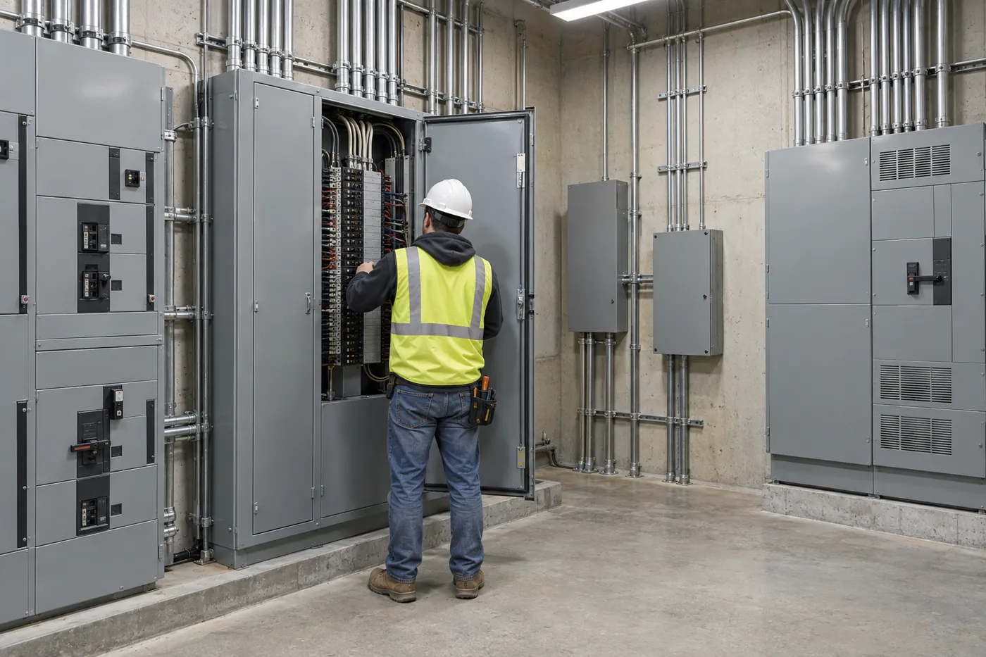 An electrician inspecting panelboards in a commercial electrical room