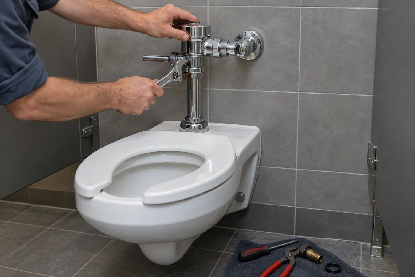 Repairing a flush valve on a commercial toilet