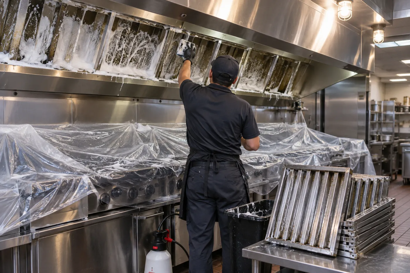 A technician cleaning a commercial kitchen exhaust hood