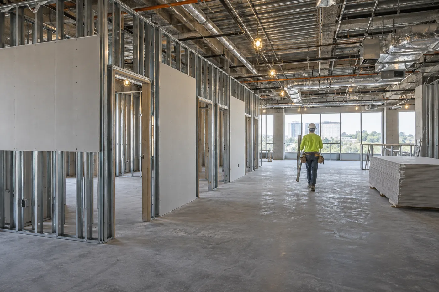 Metal stud framing and drywall in a commercial suite build-out