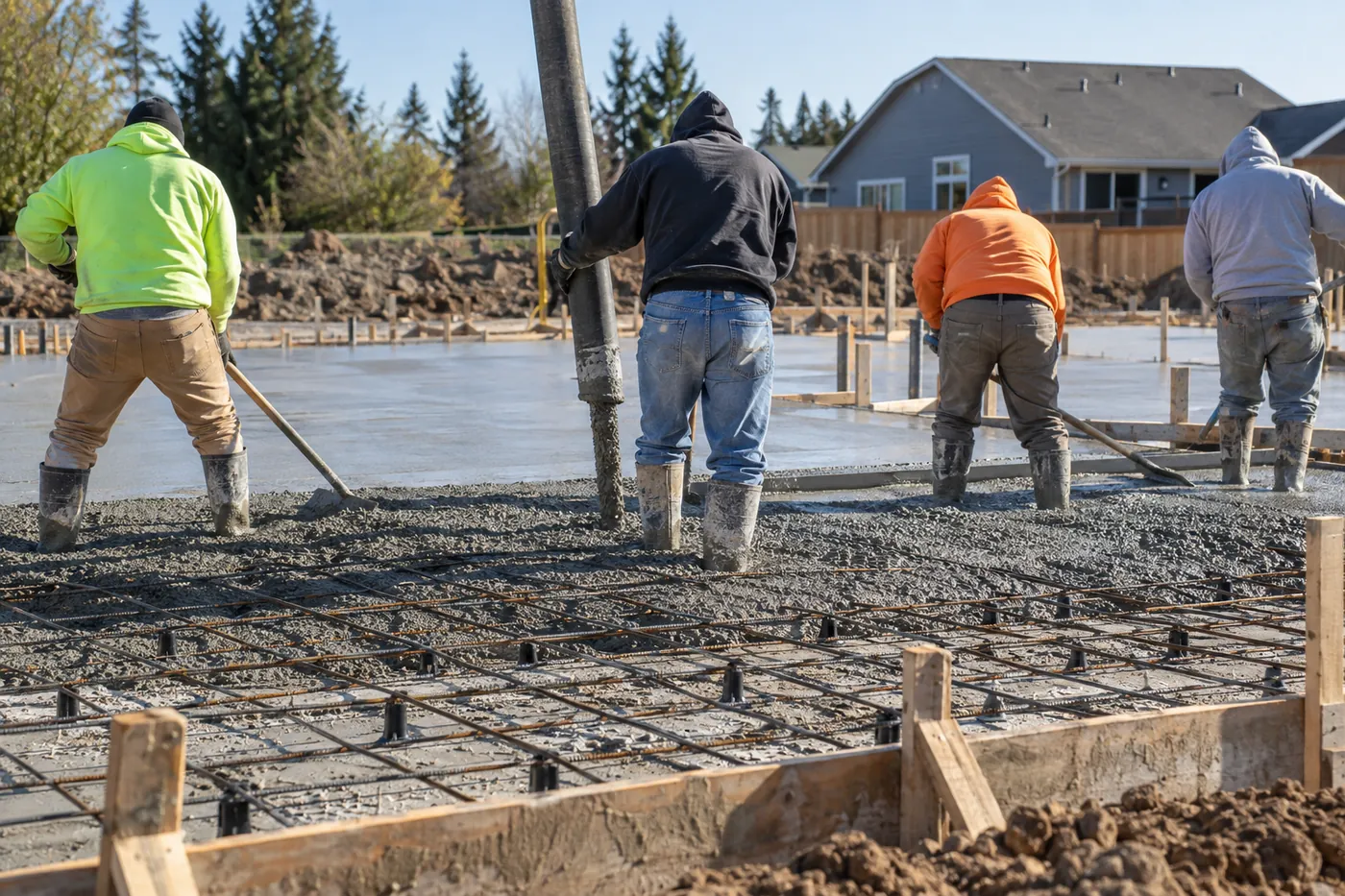 A crew pouring a concrete foundation for a new home
