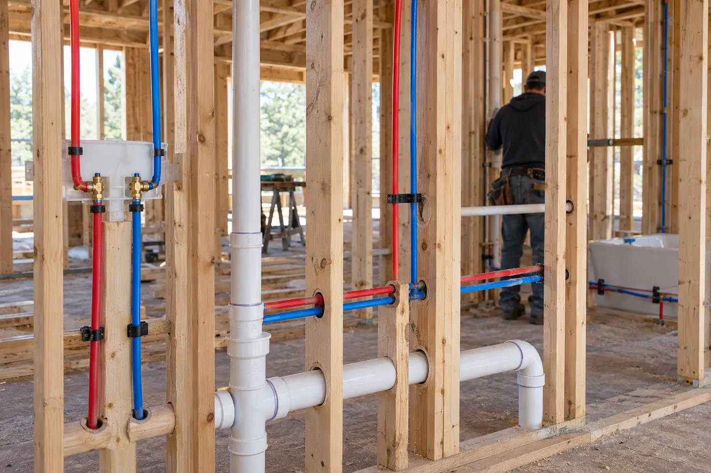 New-construction rough-in plumbing through wood framing