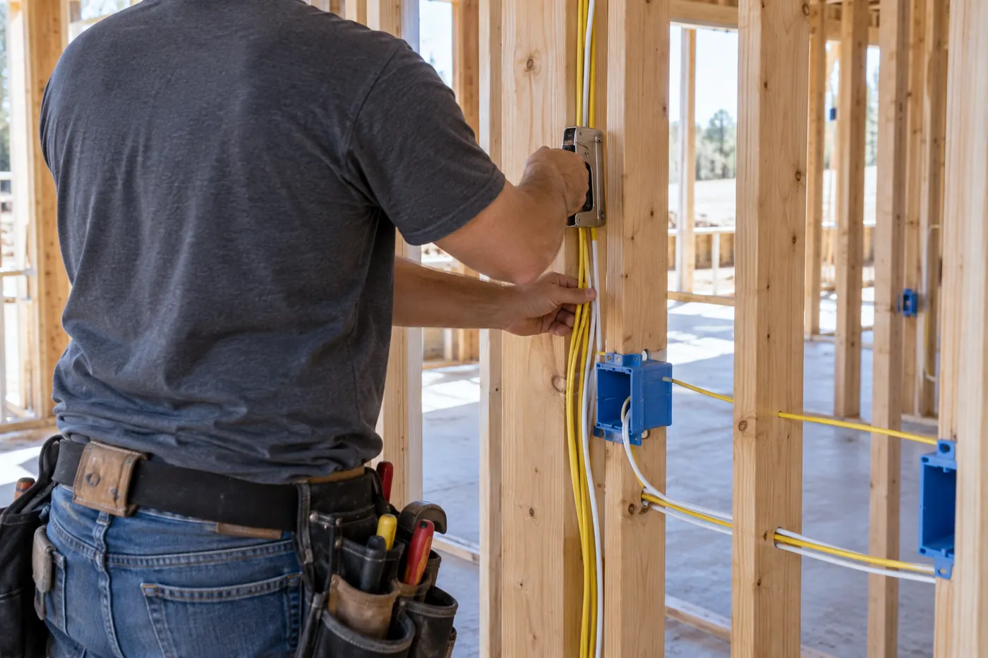 An electrician running new wiring through framing in a new home