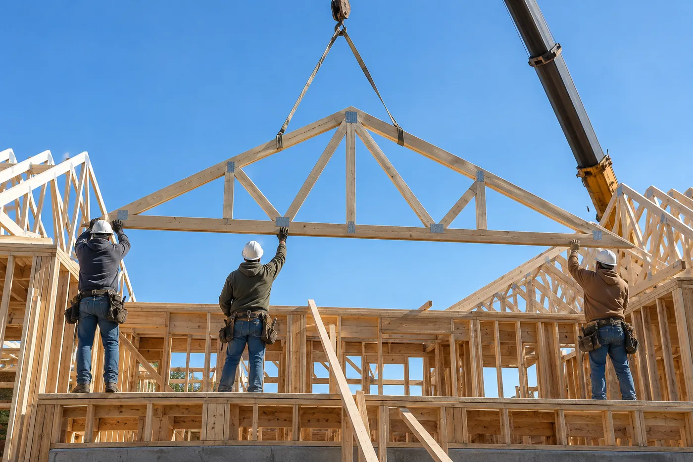 Framers setting roof trusses on a new home