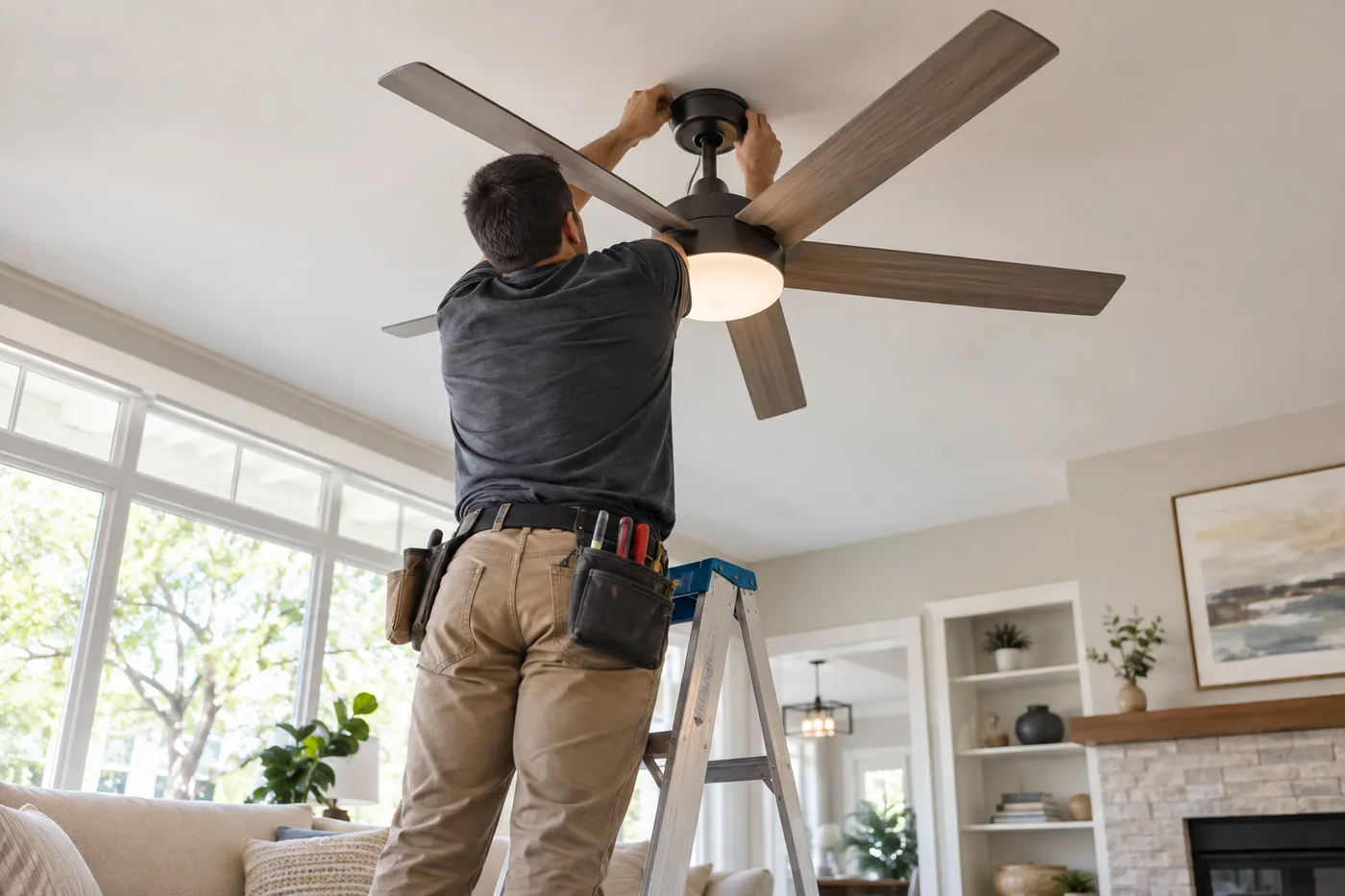 An electrician installing a new ceiling fan with a light