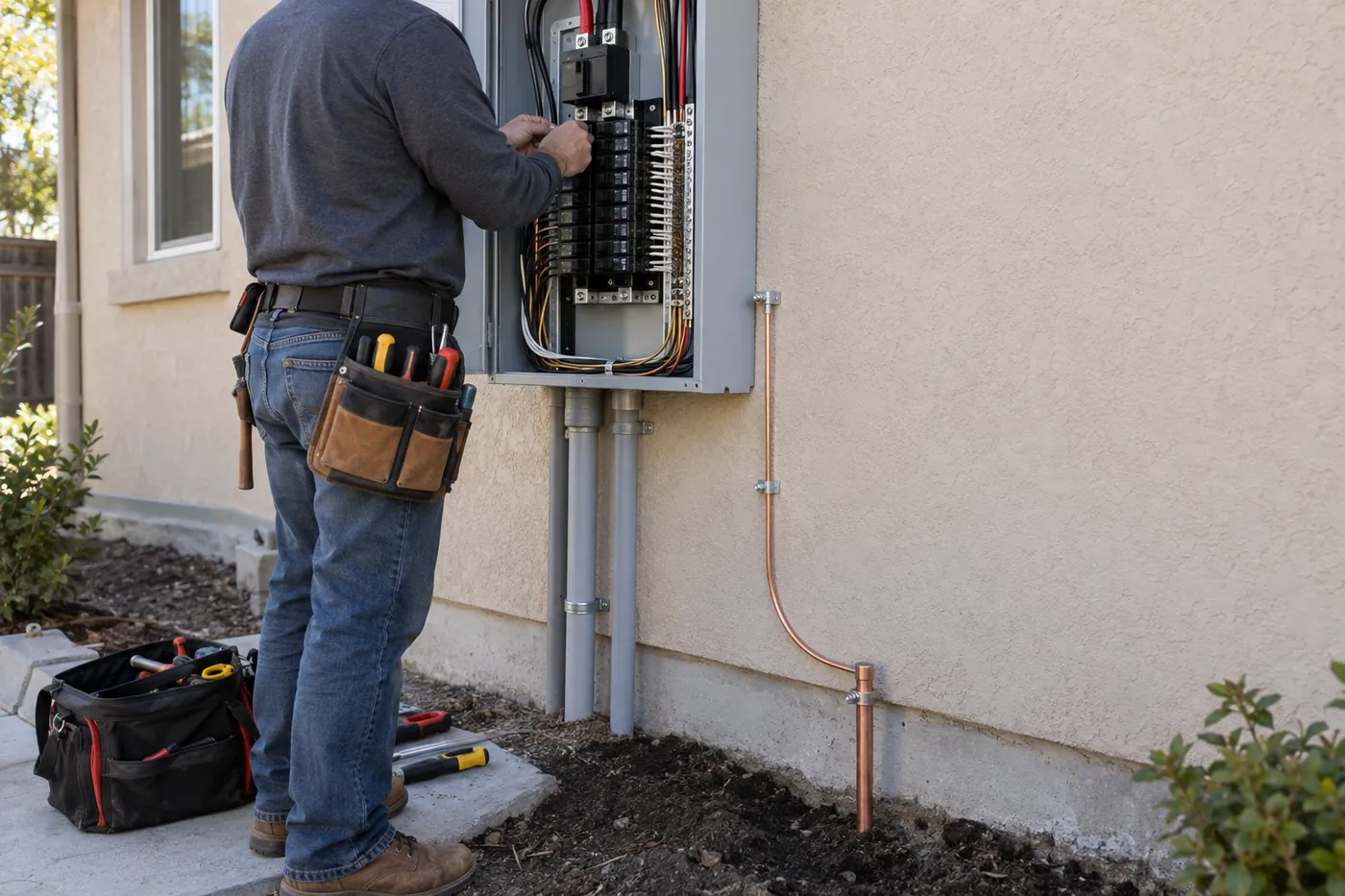 A new breaker panel with a copper grounding rod