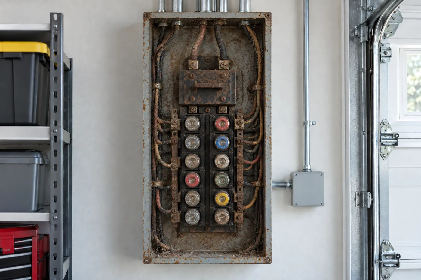 Before: an old fuse box vs. a new breaker panel