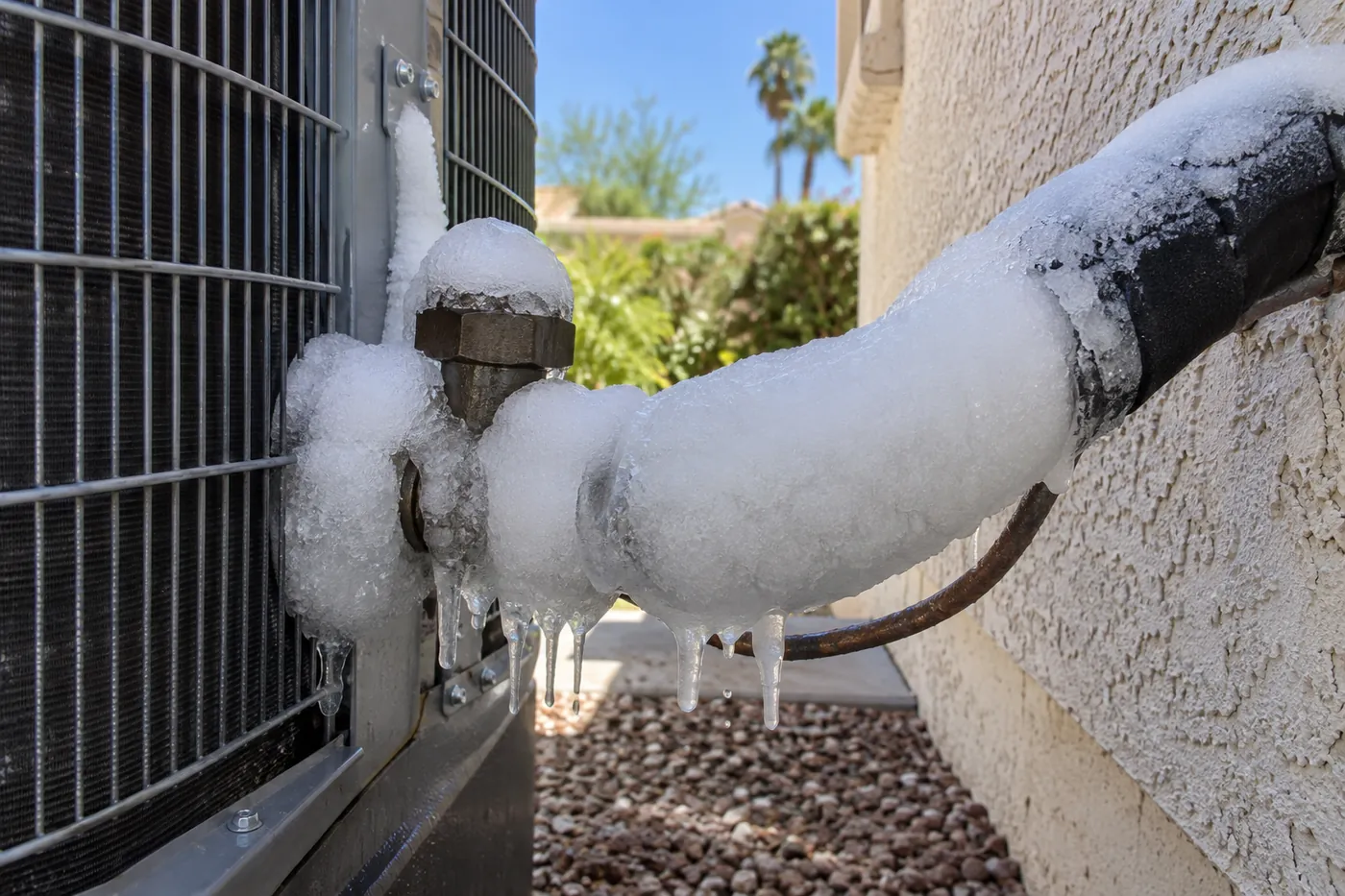 Ice built up on the refrigerant line of an outdoor AC unit
