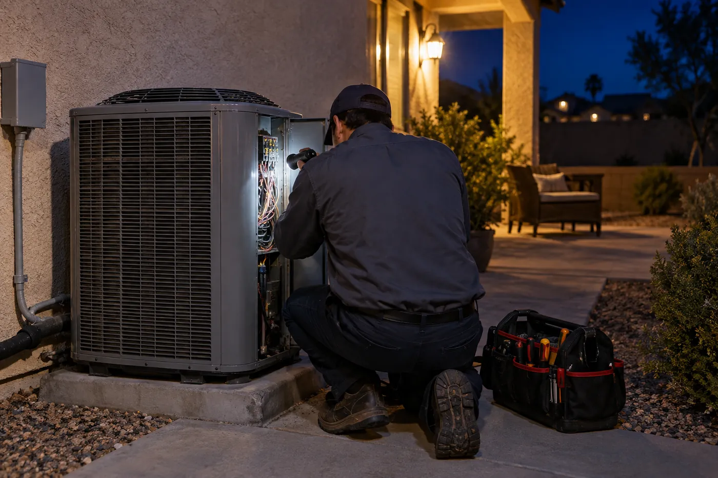 A technician at night lighting an outdoor AC unit with a flashlight