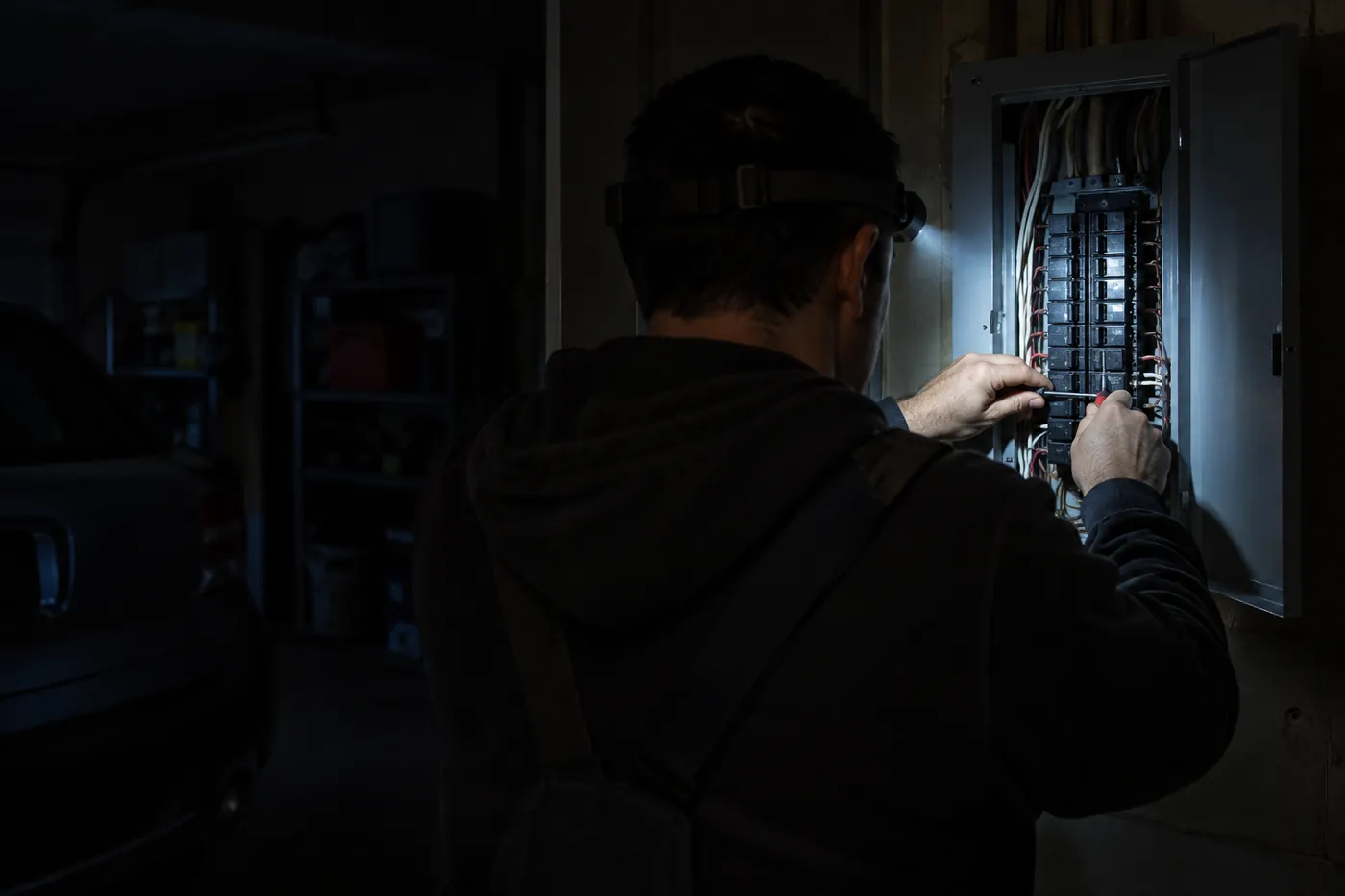 An electrician with a headlamp at a breaker panel during an outage