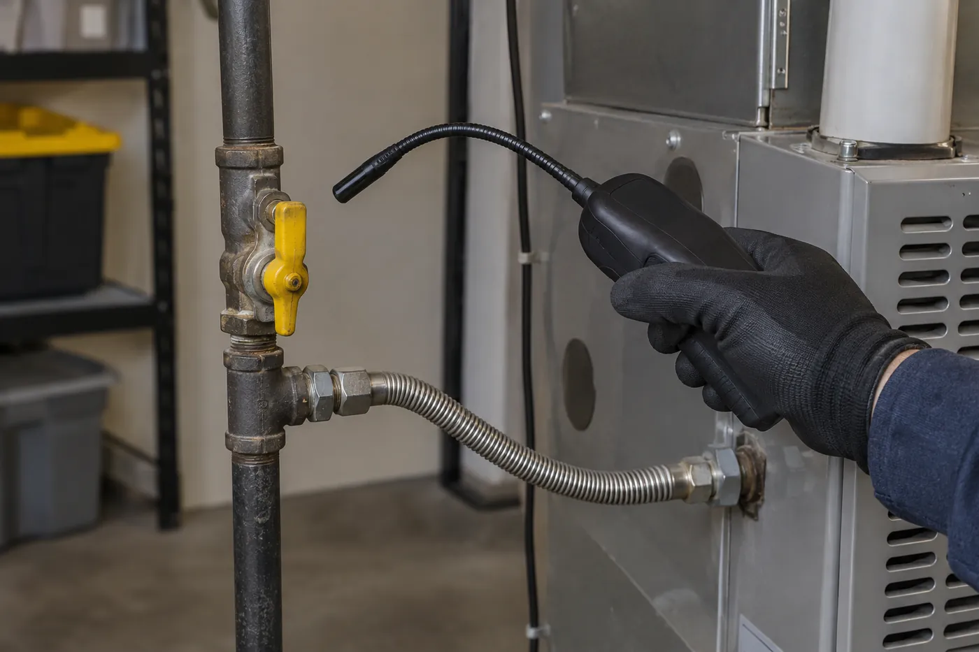 Checking a furnace gas line with a gas leak detector