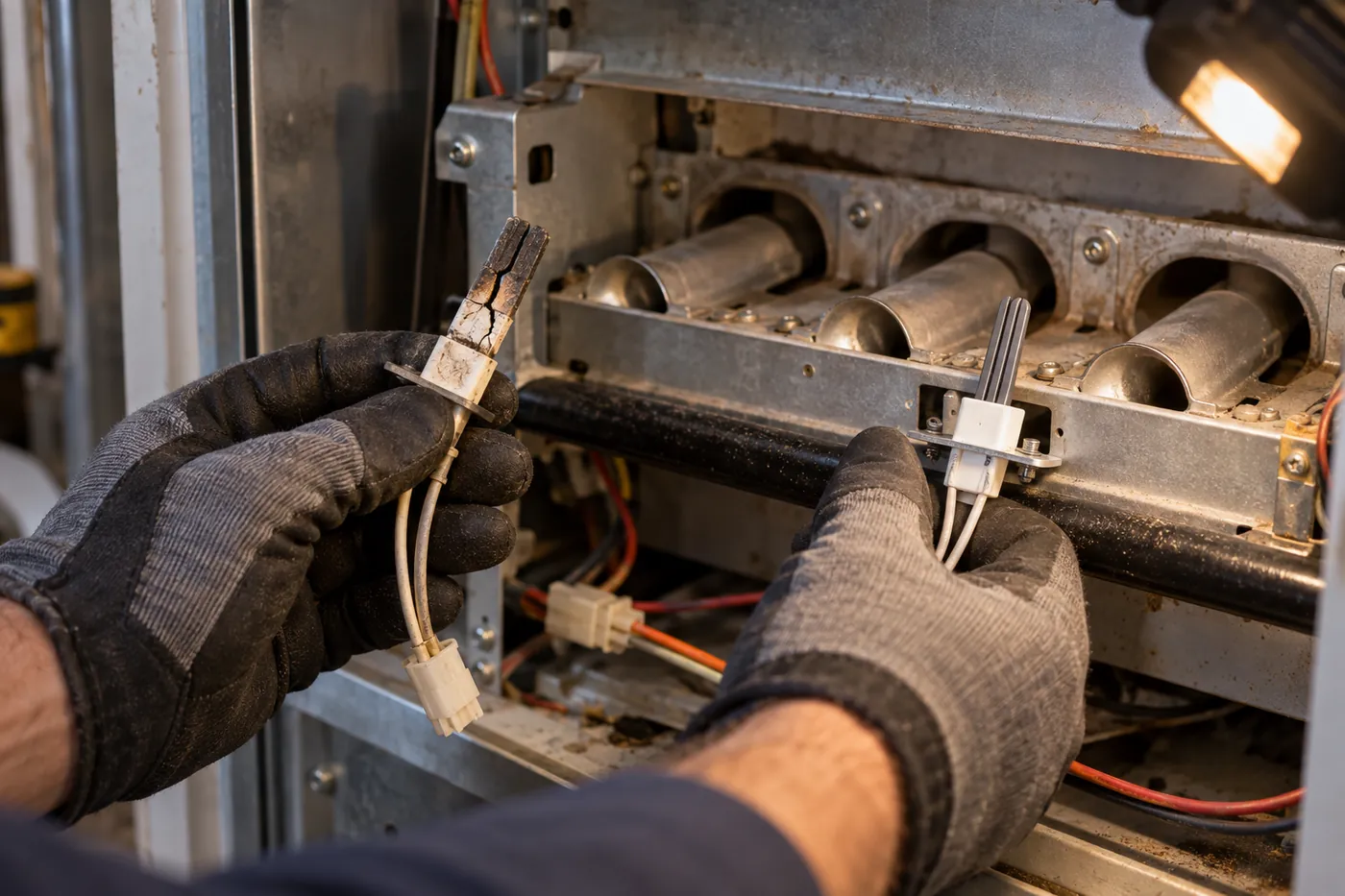 Installing a new hot surface igniter on a furnace burner assembly