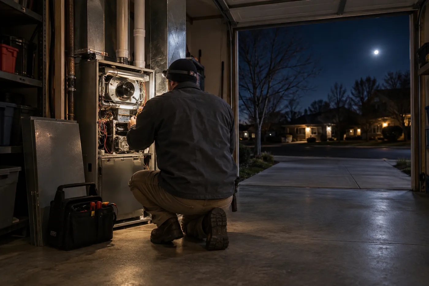 A technician with a headlamp diagnosing a furnace at night