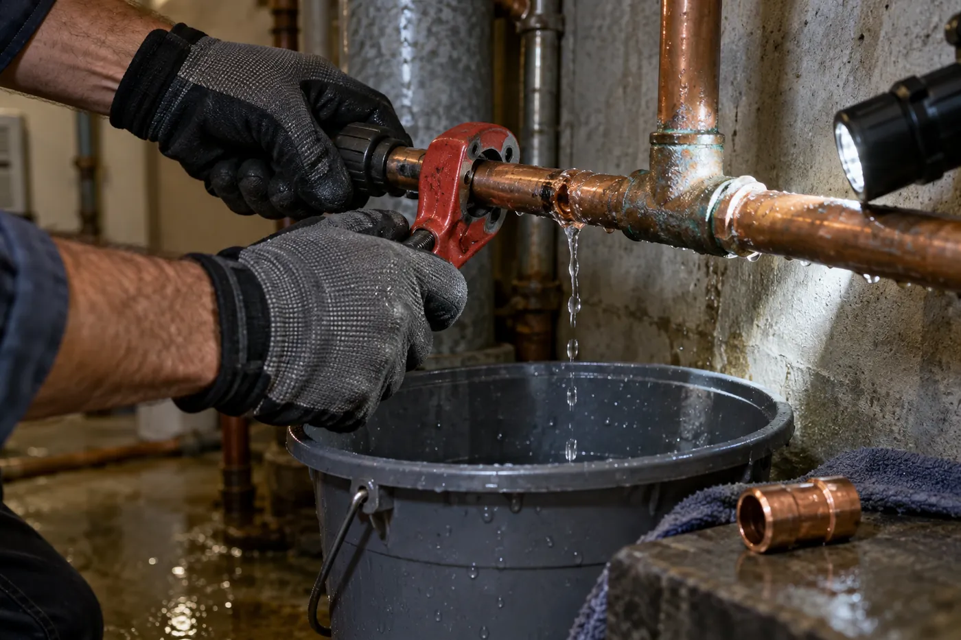 Cutting out a burst section of copper pipe