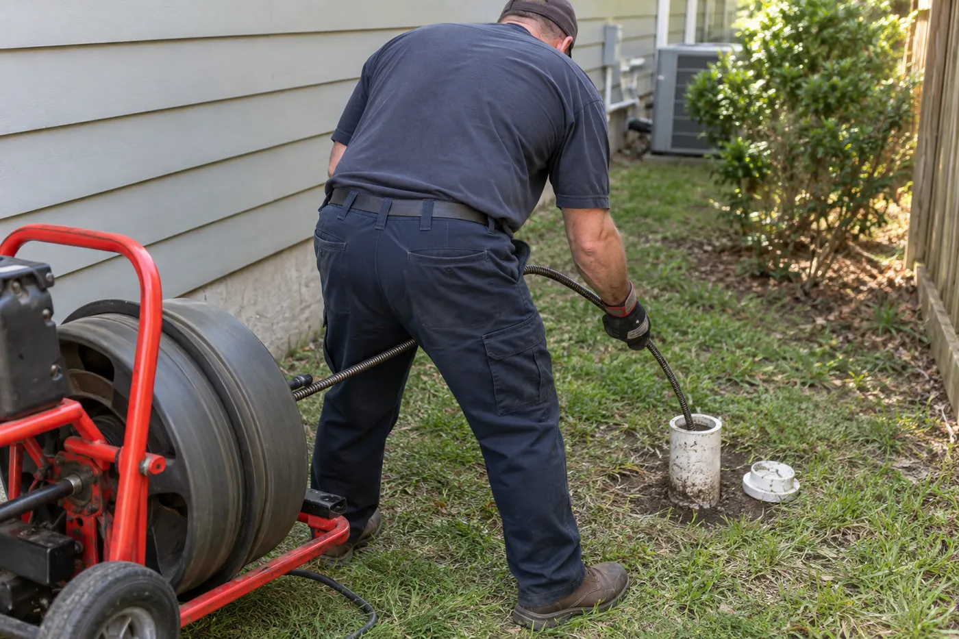 A plumber clearing a main sewer line at the outdoor cleanout