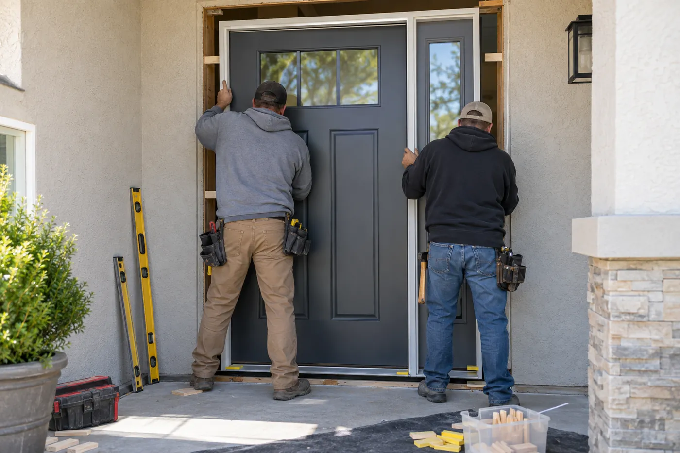 Installing a new front entry door on a stucco home