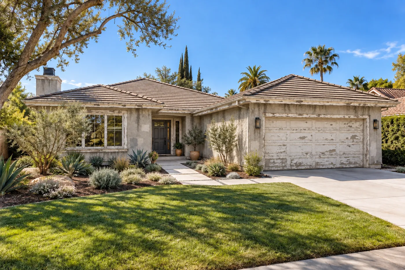Before: faded exterior paint vs. a fresh exterior repaint