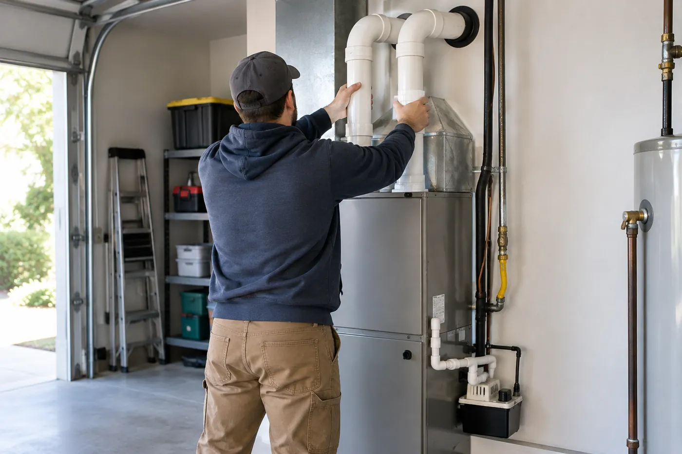 An installer connecting white PVC venting on a high-efficiency furnace