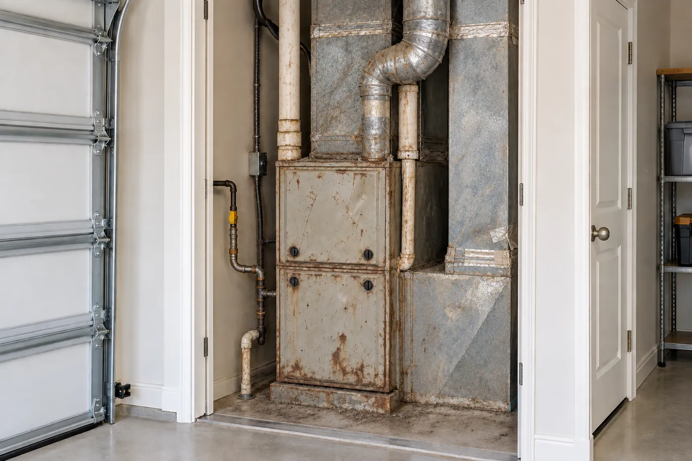 Before: an old rusted furnace vs. a new high-efficiency furnace