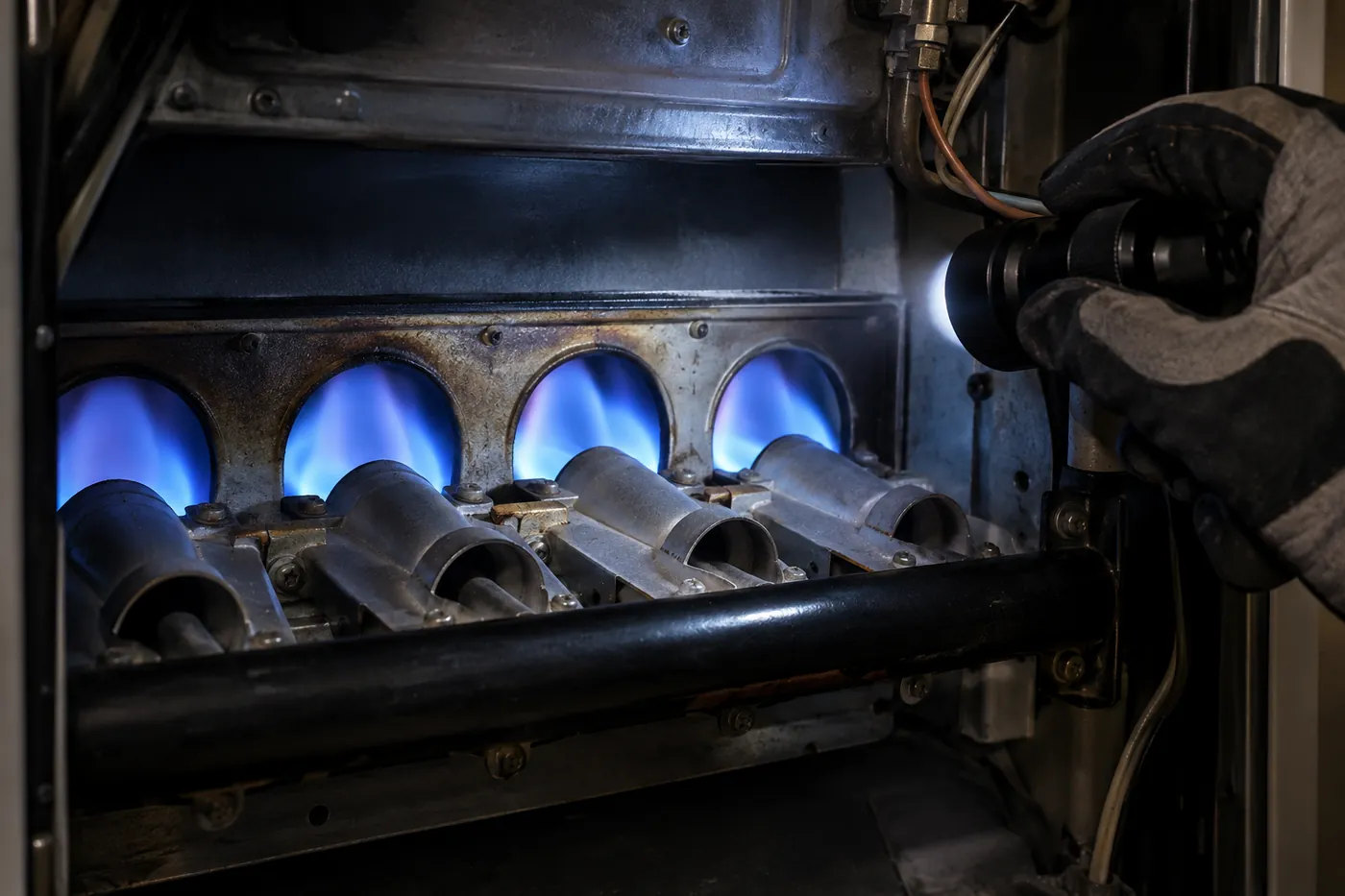 Inspecting the blue burner flames of a gas furnace