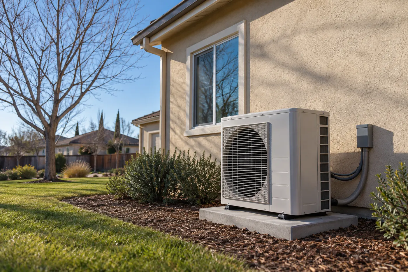 A heat pump outdoor unit beside a stucco home