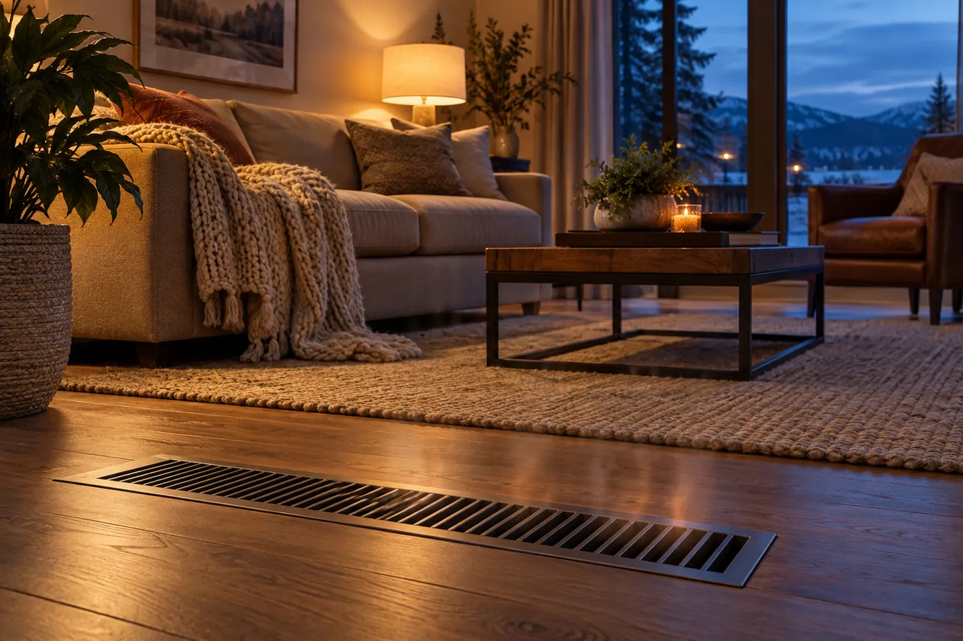 Warm air rising from a floor register in a cozy living room