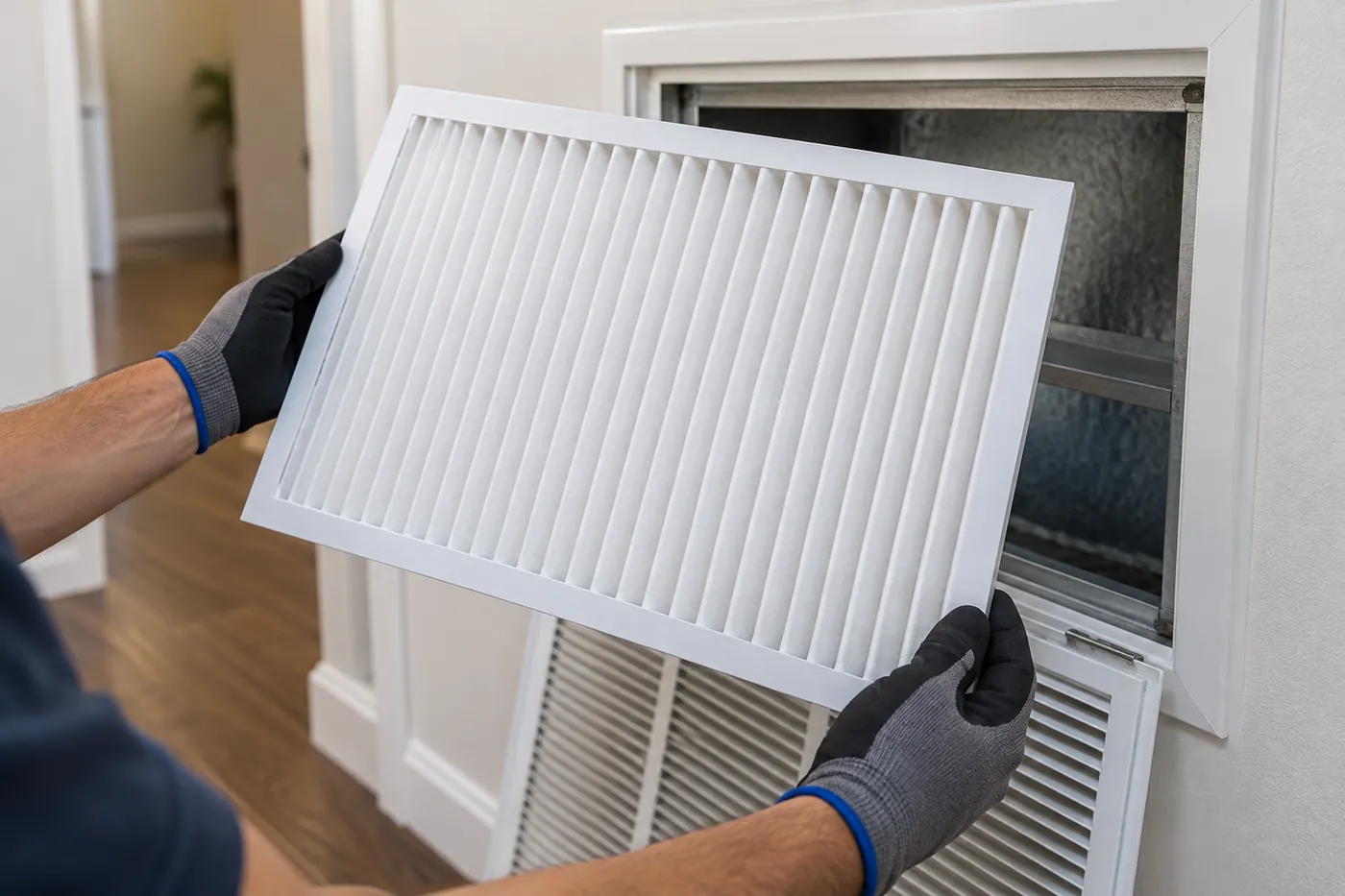 After: an HVAC air filter, clogged vs. new