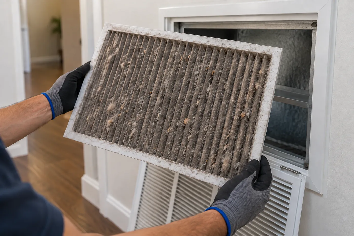 Before: an HVAC air filter, clogged vs. new
