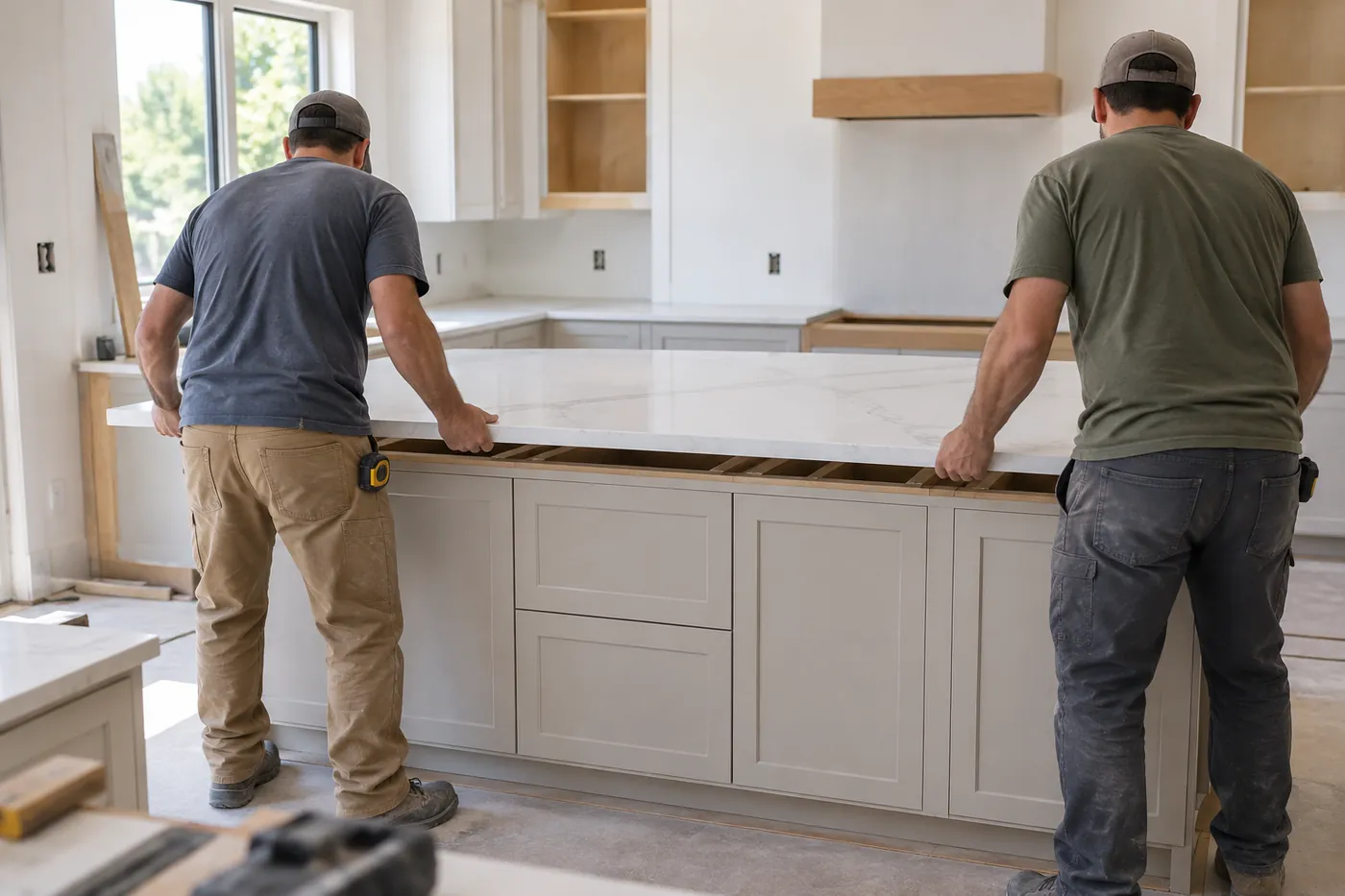 Setting a new quartz countertop on kitchen cabinets