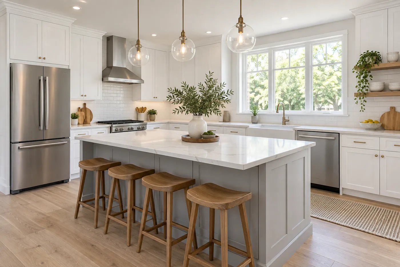 After: a dated kitchen vs. the remodeled kitchen