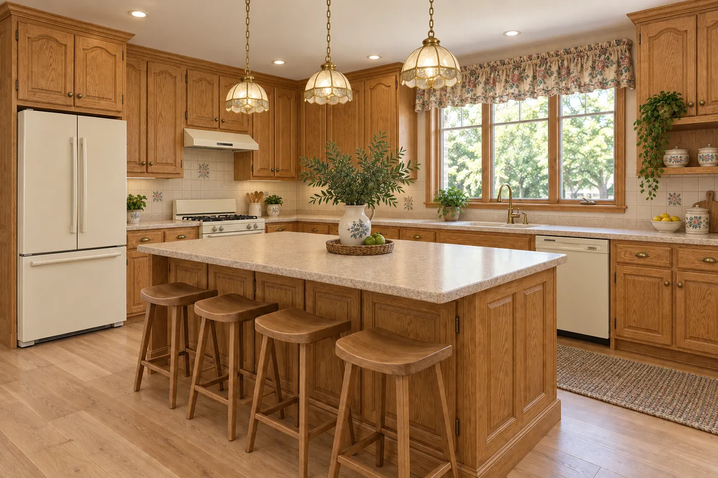 Before: a dated kitchen vs. the remodeled kitchen