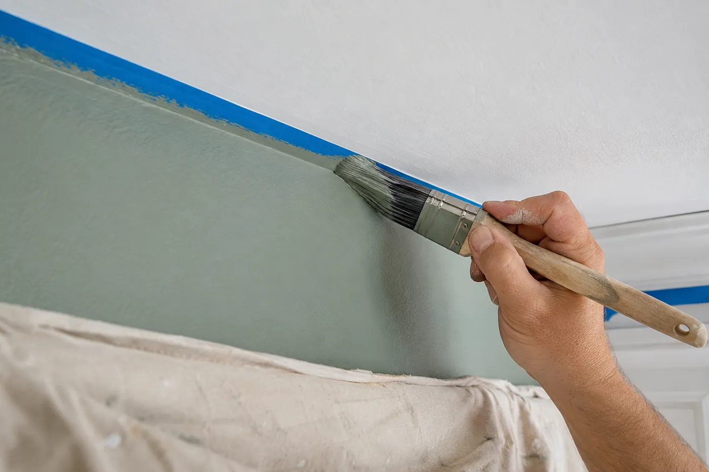 A painter cutting in a crisp line at the ceiling