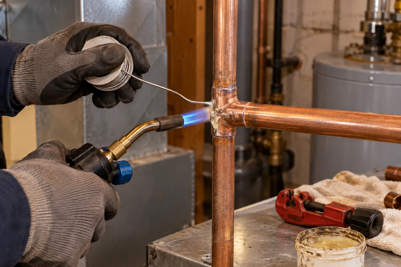 A plumber soldering a copper water pipe joint
