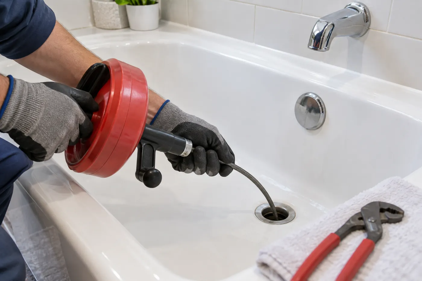 Clearing a clogged tub drain with a drain snake