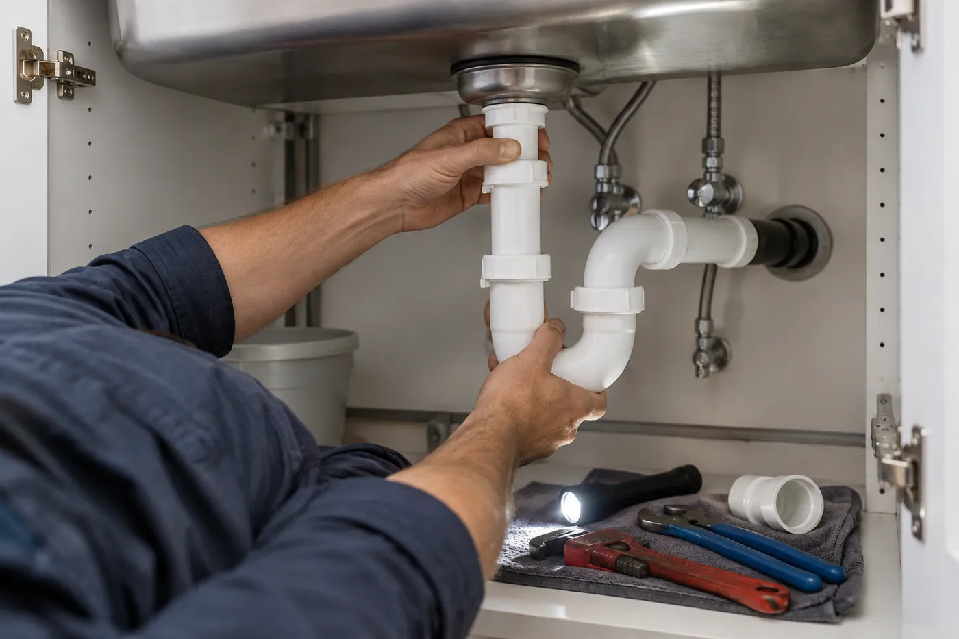 A plumber replacing the drain under a kitchen sink